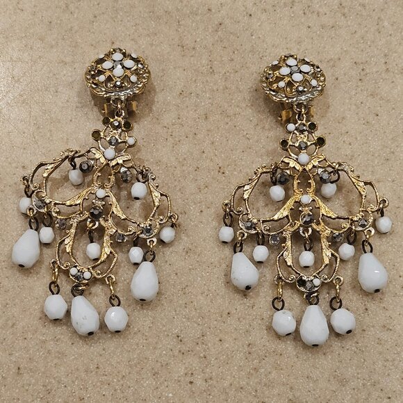 STUNNING JOSE & MARIA BARRERA BOHEMIAN STONE JEWELED DROP CHANDELIER EARRINGS